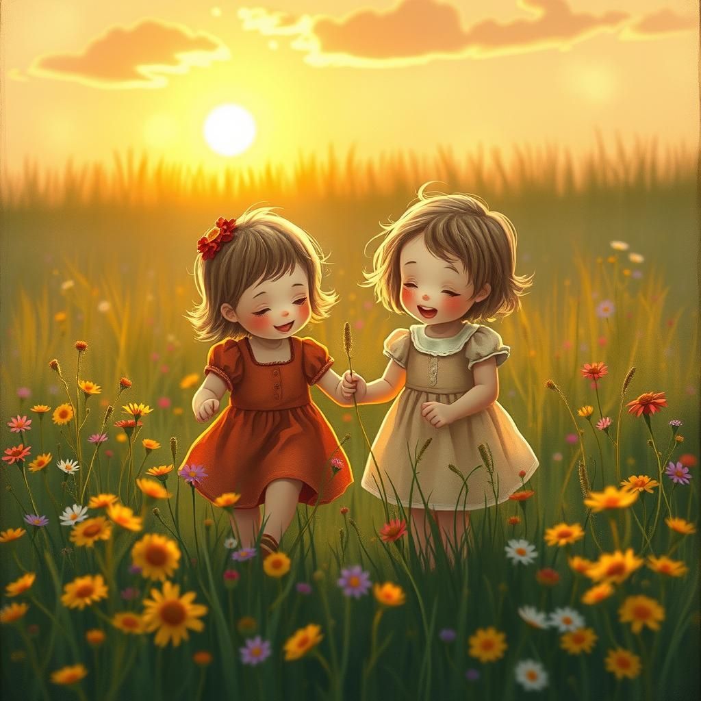 Children Playing in Meadow, Whimsical Illustration