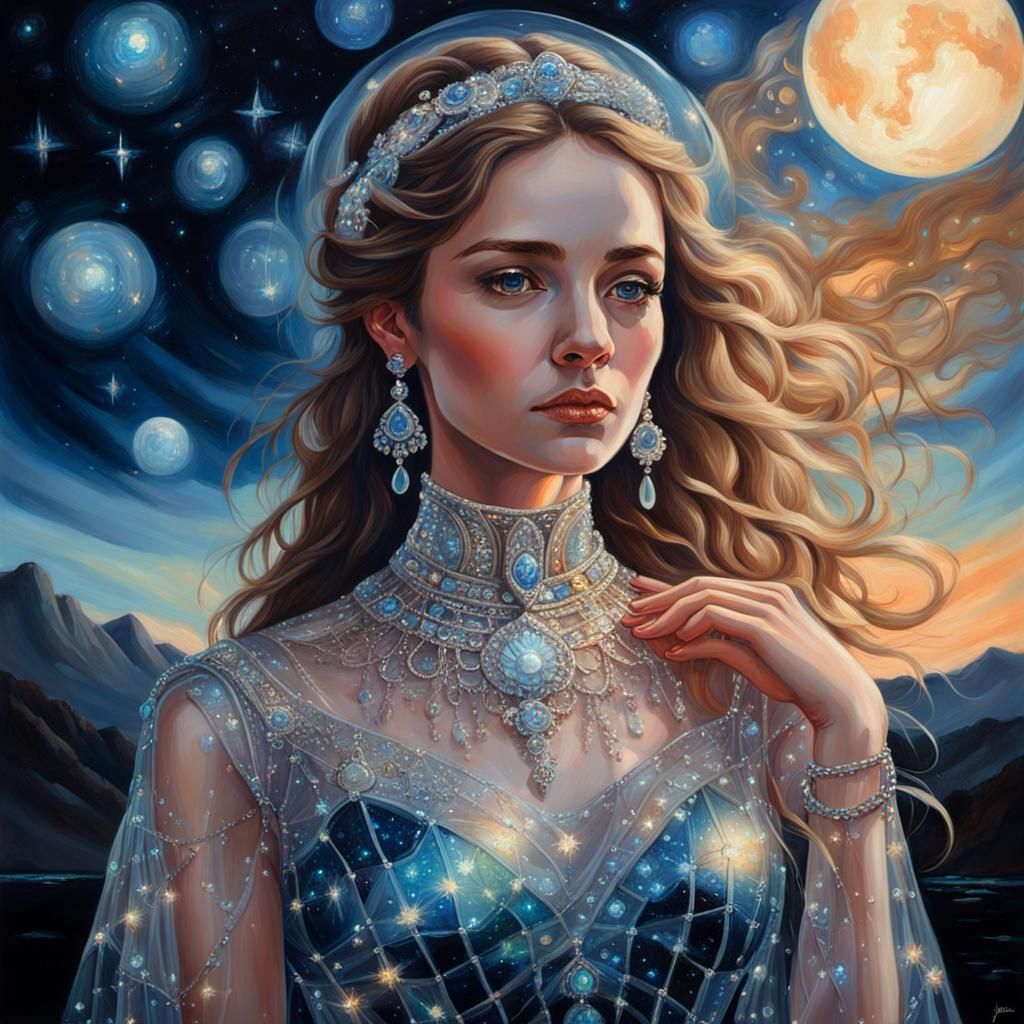 Woman in Glass Dress and Jewelry, Oil Painting