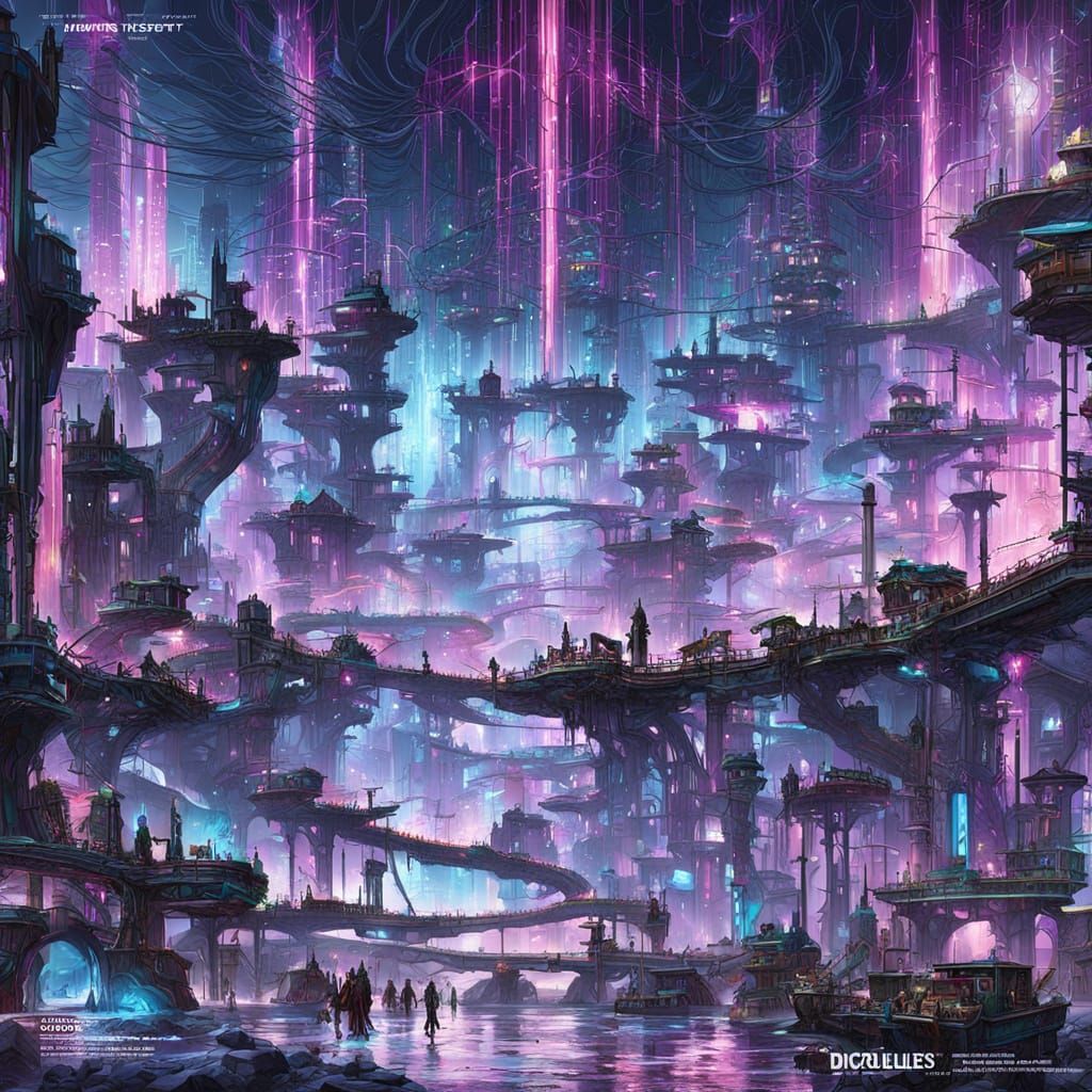 Dark Fantasy Cityscape of Circuit Buildings and Data Streams