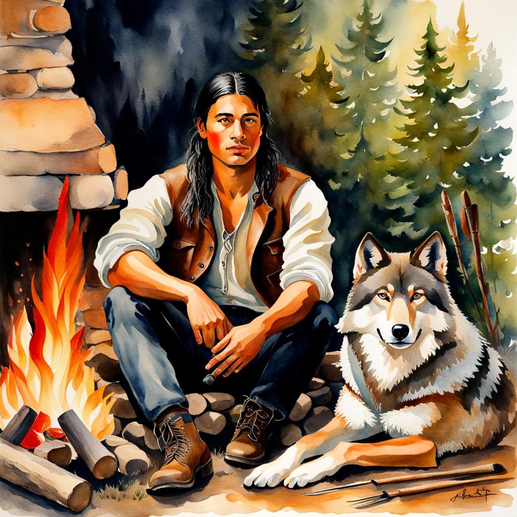 Cherokee Man and Wolf by Fire: Watercolor Painting