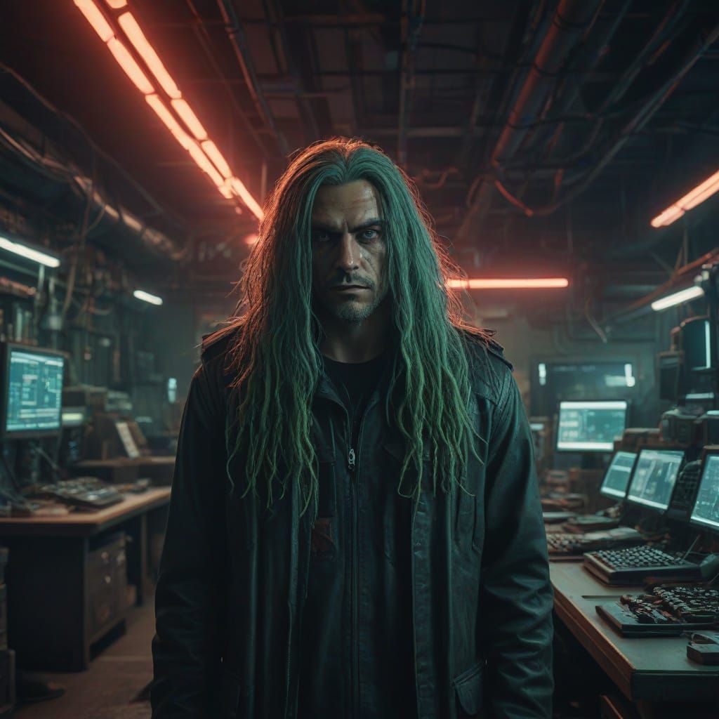 Confident Man in Dark Laboratory with Futuristic Equipment