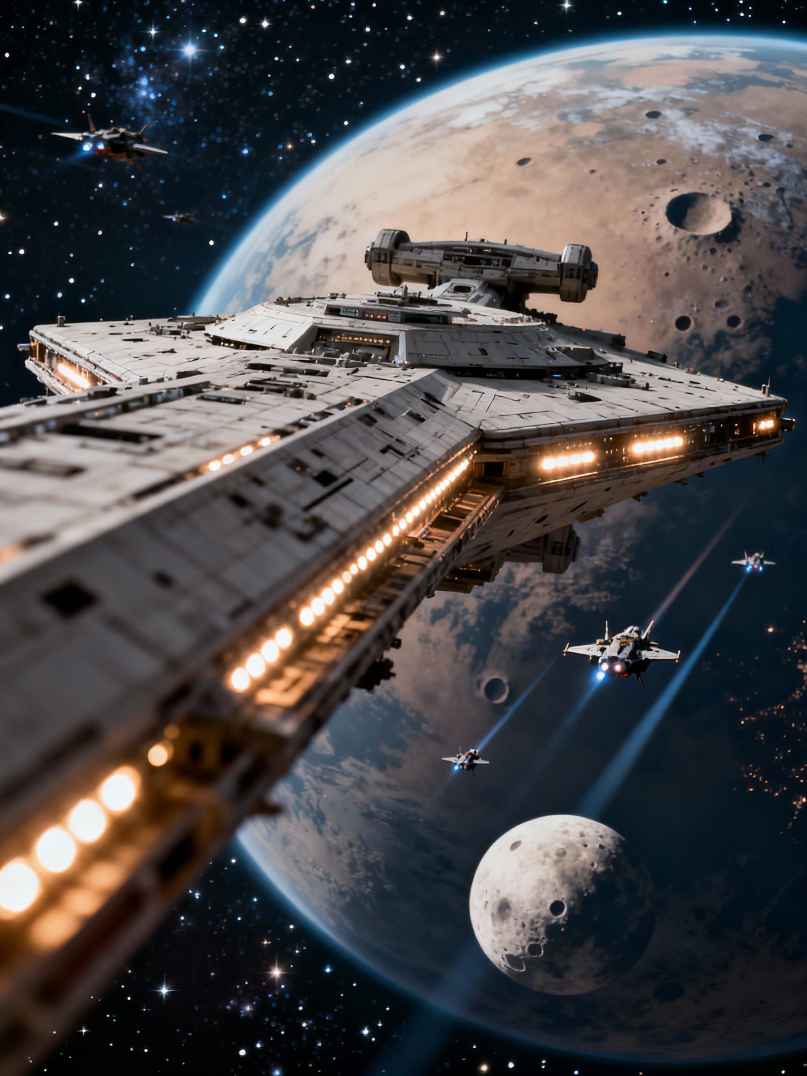 Colossal Starship Orbits Detailed Planet