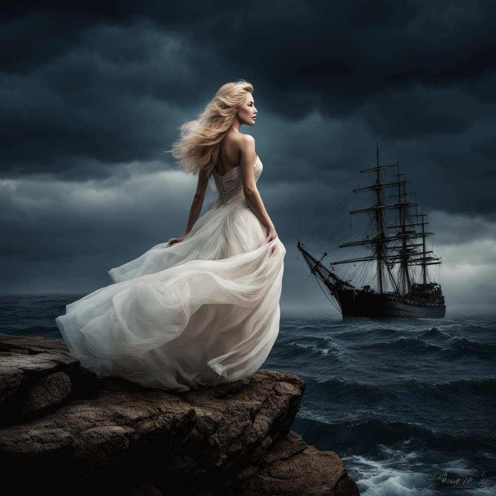 Hyperrealistic Siren Overlooks Sinking Ship