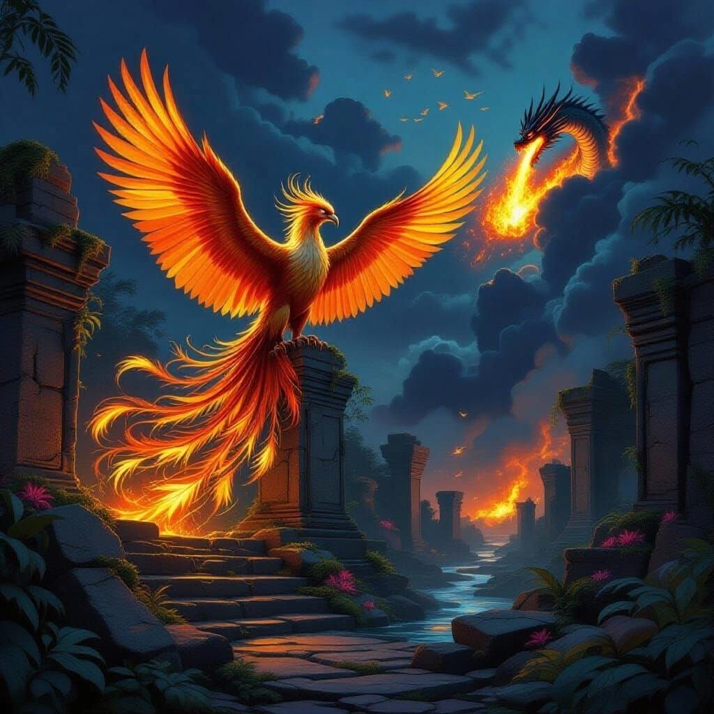 Majestic Phoenix Rises from Ancient Ruins in Twilight Jungle