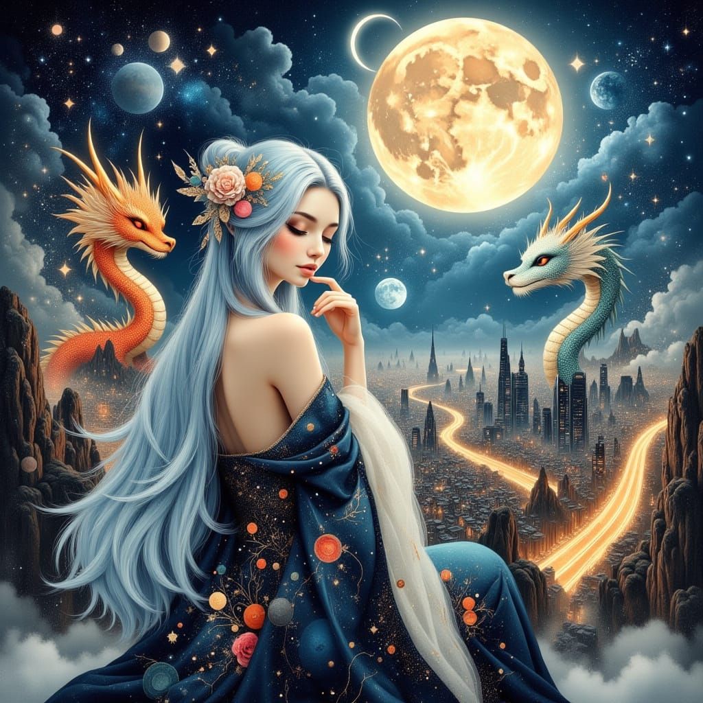 “A breathtaking fantasy scene set in a futuristic city that ...