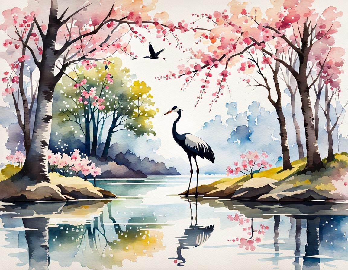 Crane and Cherry Blossom in Watercolor Painting