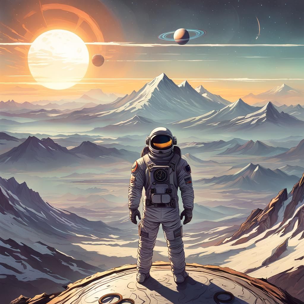 Astronaut and Stargate with Saturn Rings Sunset