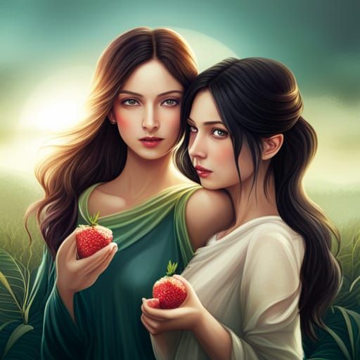 Romantic Women Share Strawberries: Hyperrealistic Digital Ar...
