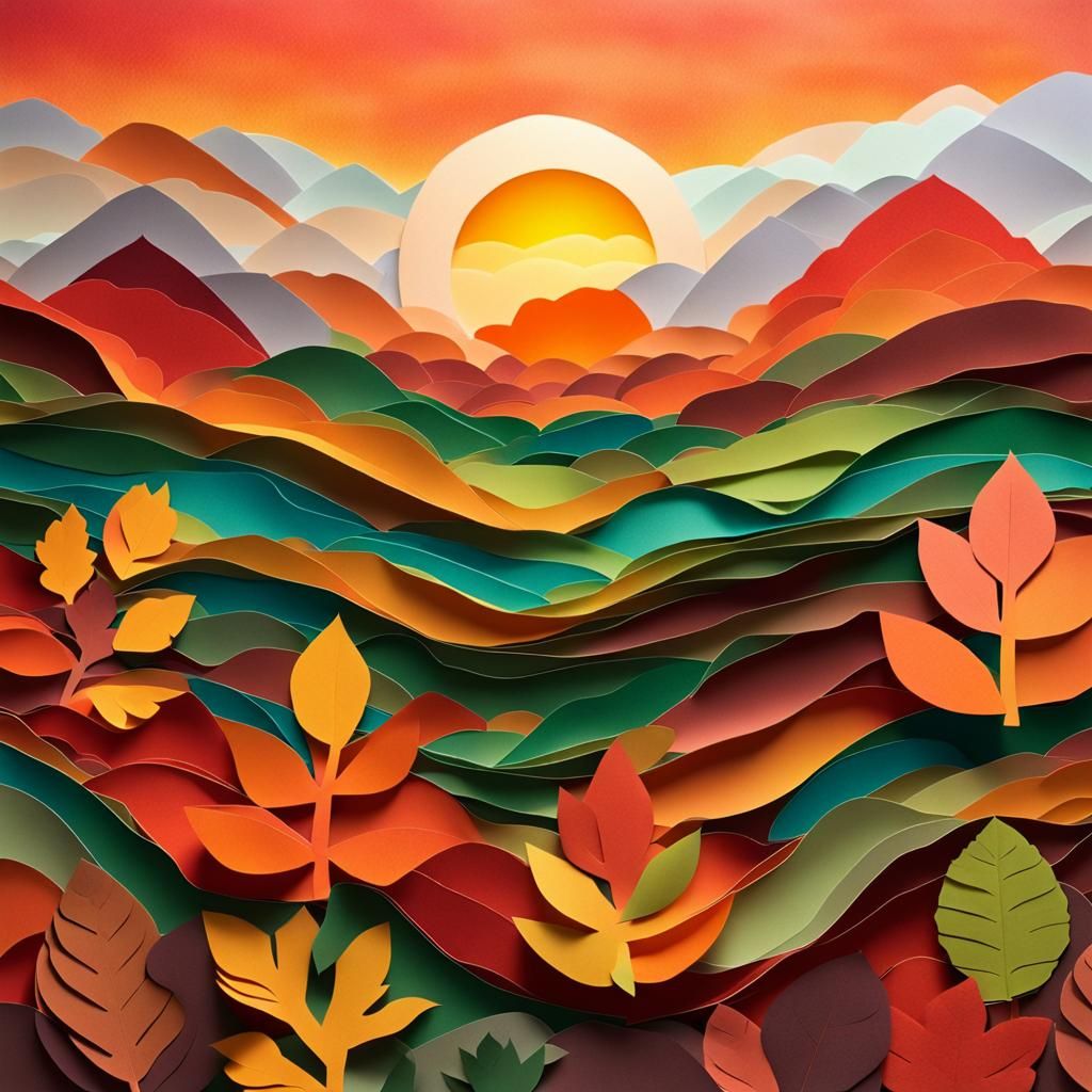 Vibrant Fall Valley Paper Collage at Sunset