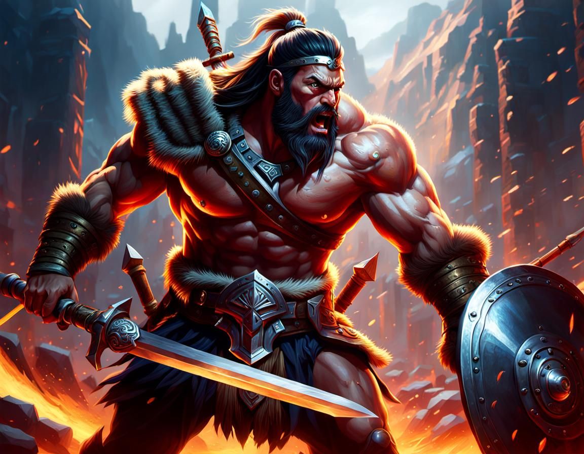 Powerful Barbarian Warrior Holding Sword in Splash Art