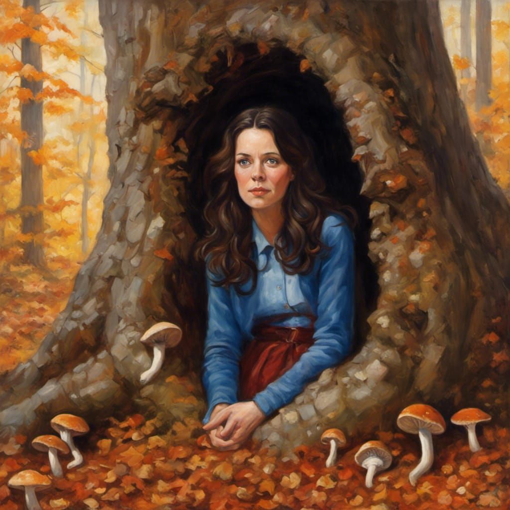 Lorelei in Autumn Hollow Tree: Oil Painting