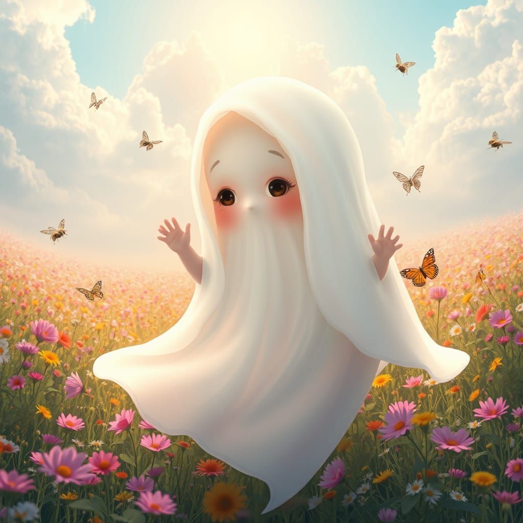 Ethereal Baby Ghost in Sunlit Wildflower Field