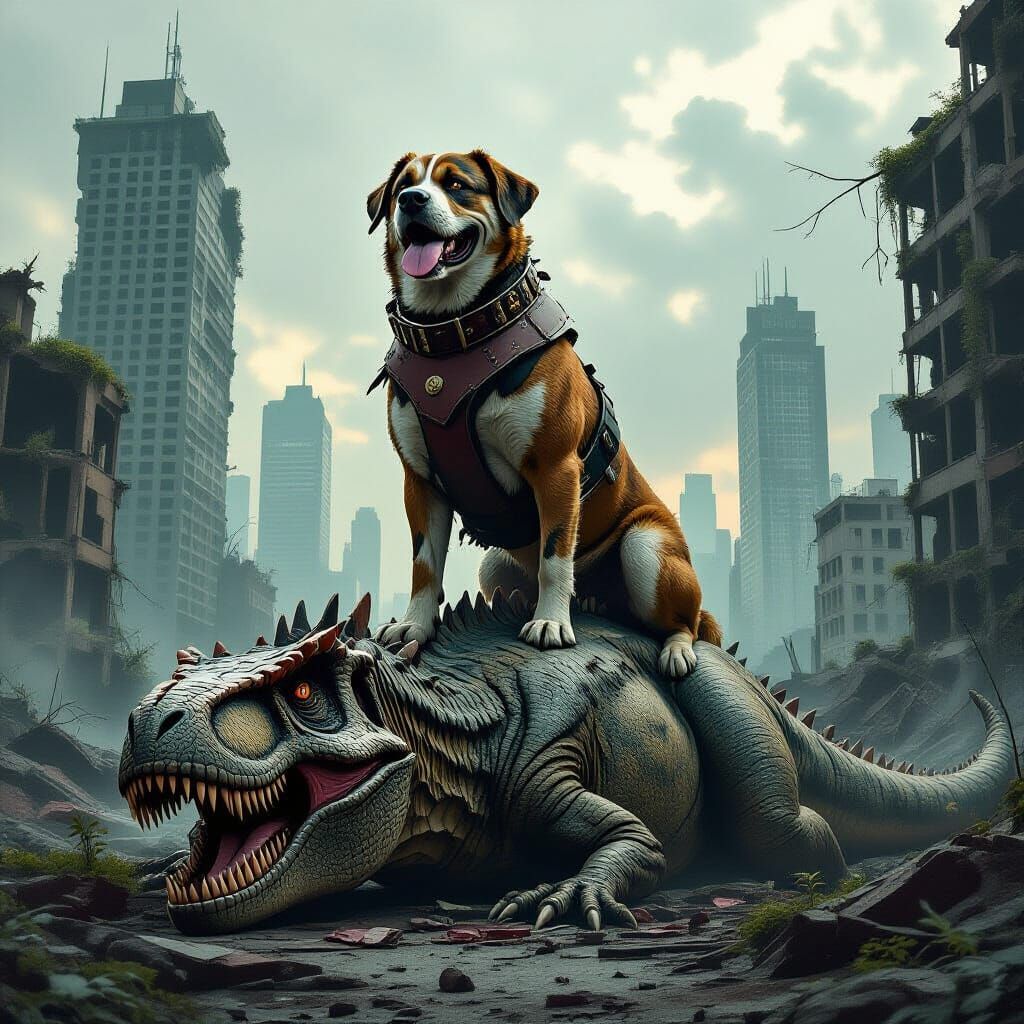 Dog Victorious Over T-Rex in Post-Apocalyptic City