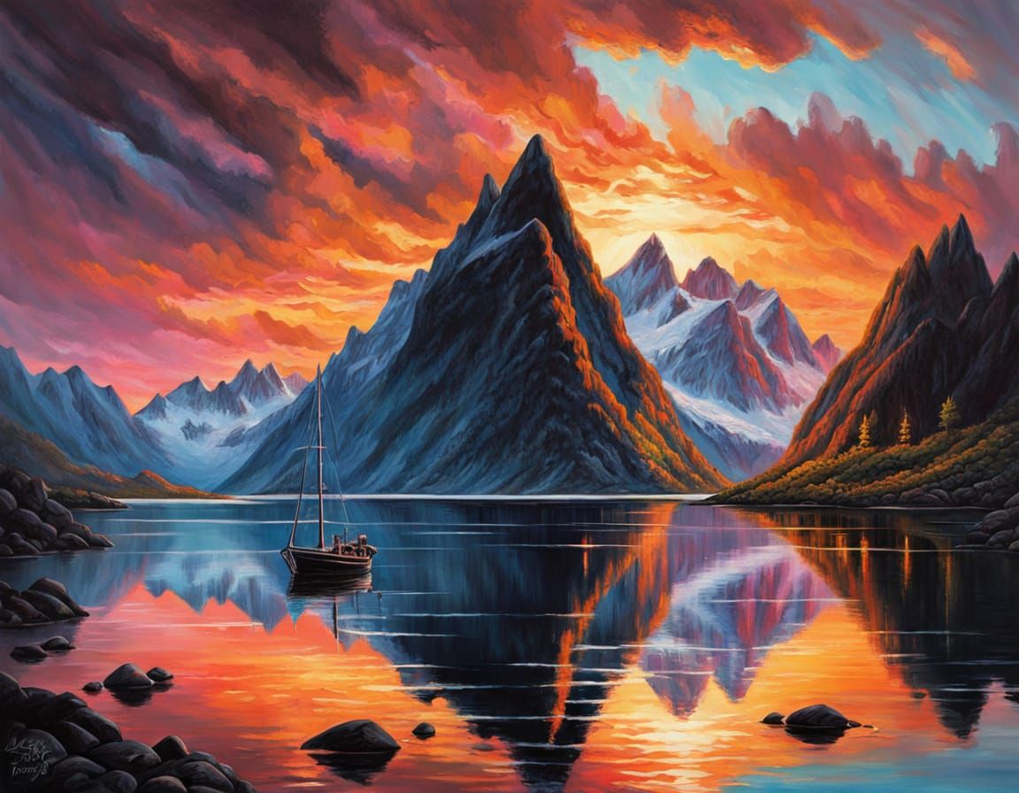 Sailboat on Fjord at Colorful Sunset