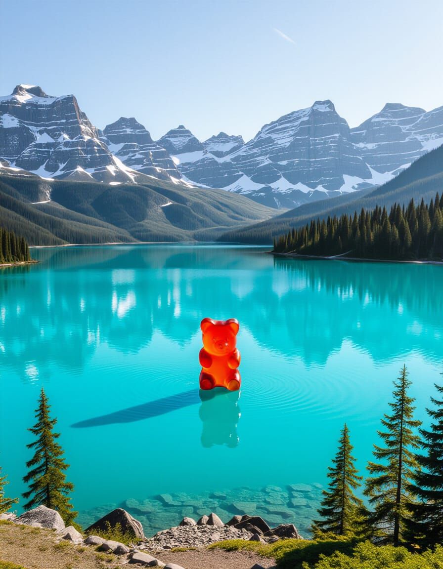 Giant Gummy Bear in Mountain Lake