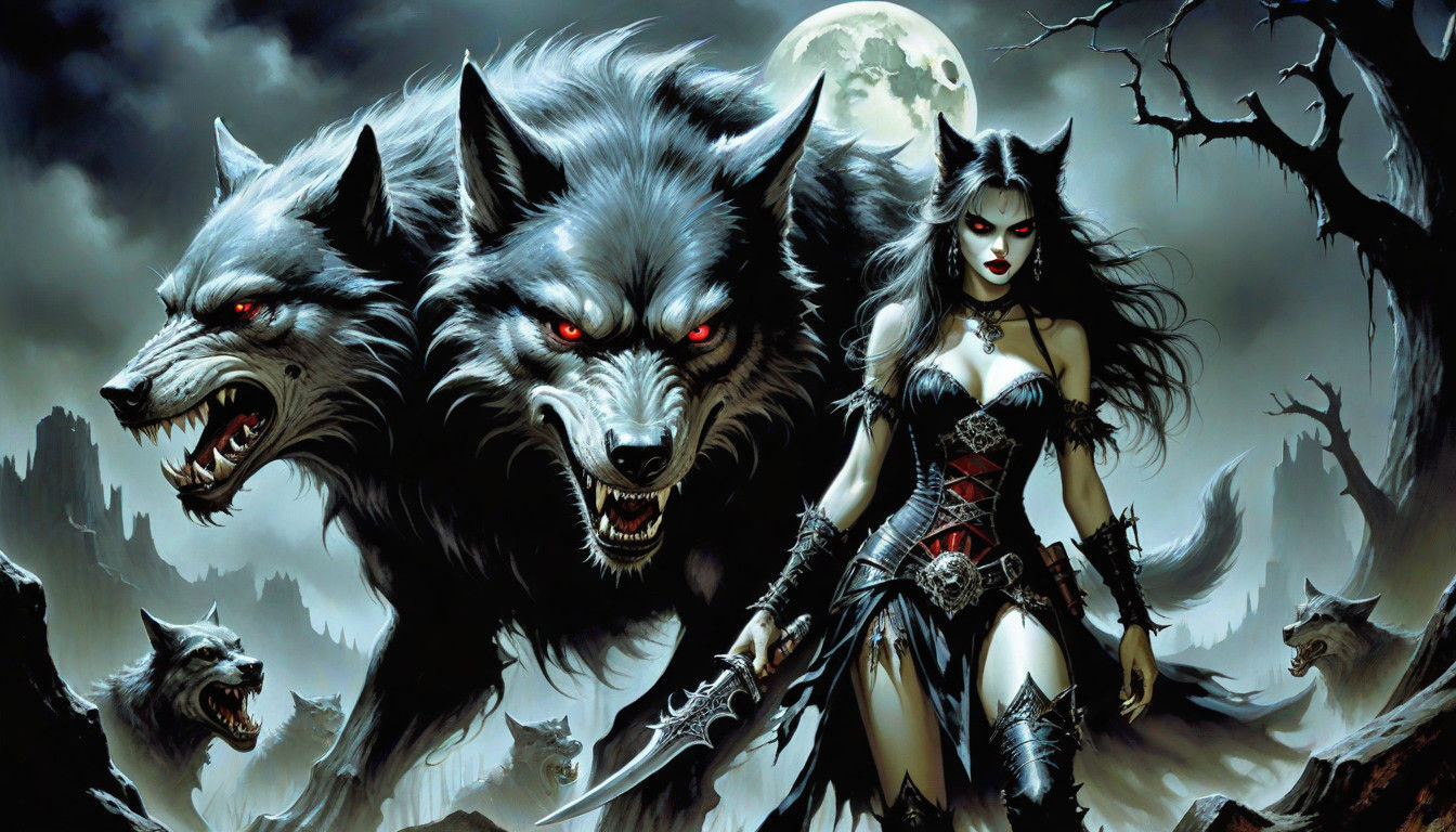 Dark Vampire Goddess Surrounded by Mutated Wolves in a Gothi...