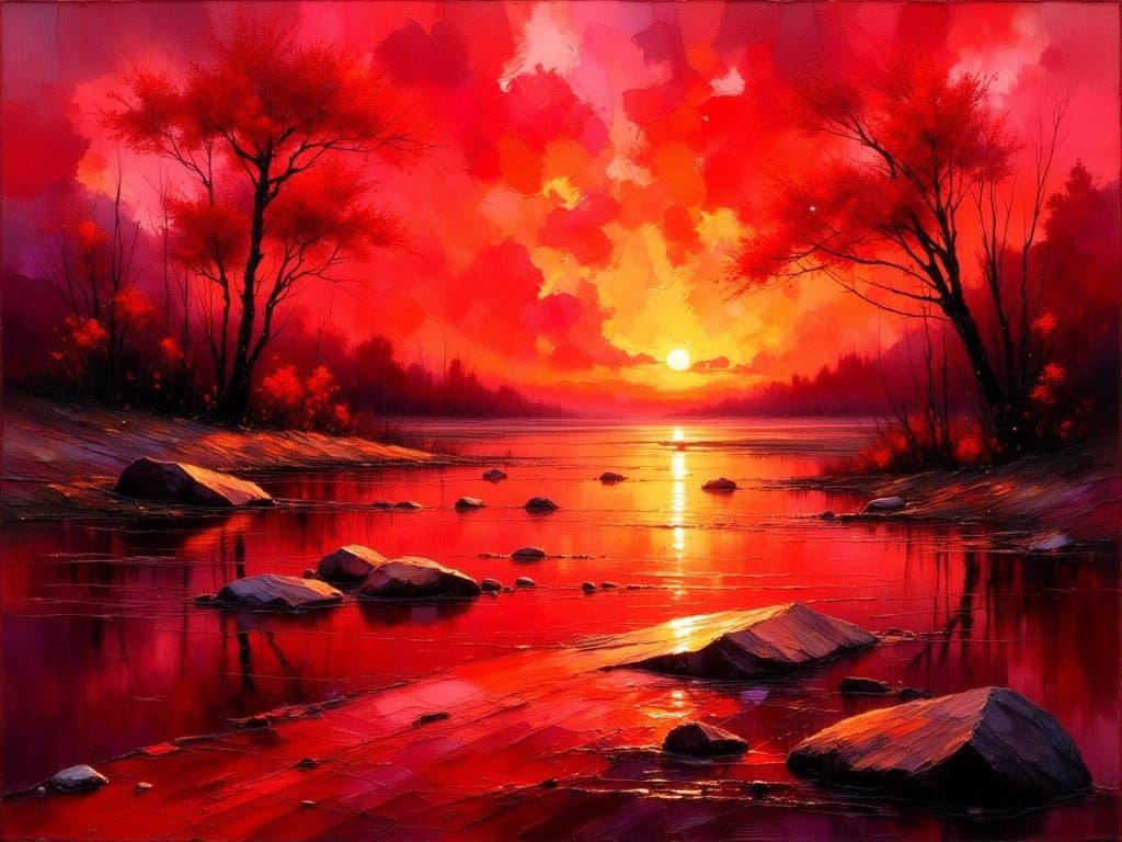 Crimson River: An Impasto Painting with Fantasy Glow