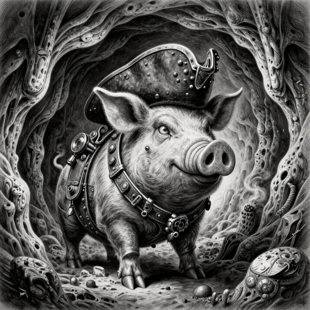 Steampunk Pirate Pig Monster in Cave Optical Illusion