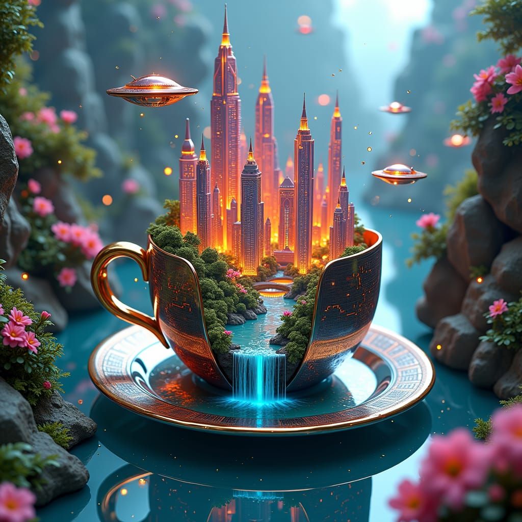 Futuristic City Inside Teacup, Surreal Digital Art