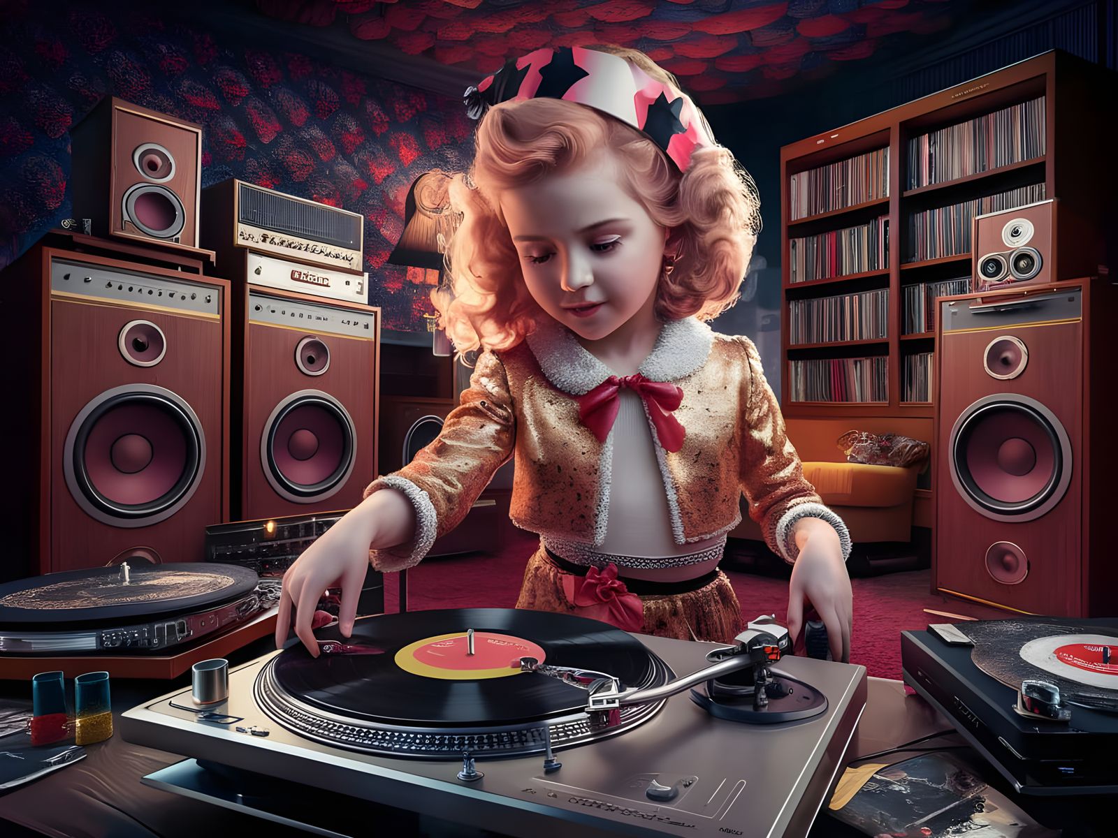 1970s European Girl with Vintage Audio Equipment