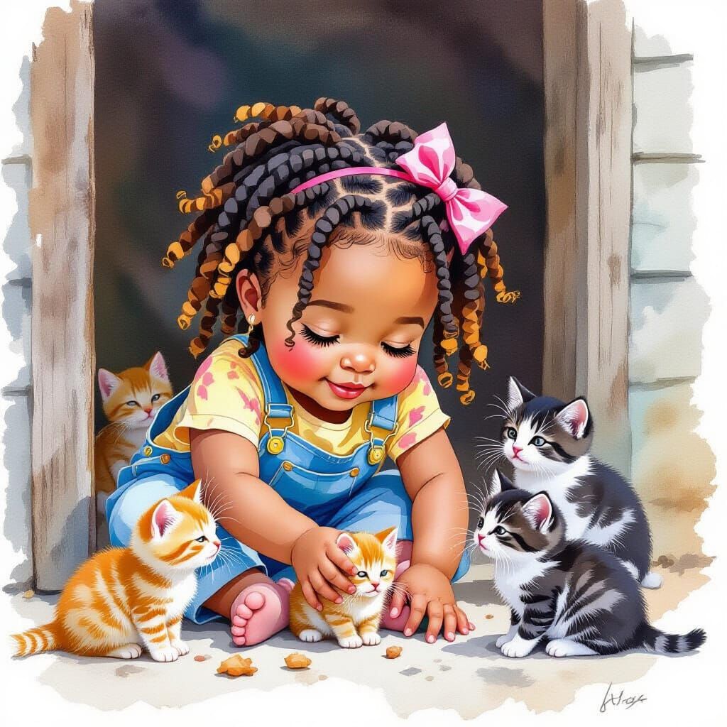 Girl with Kittens in Watercolor Style