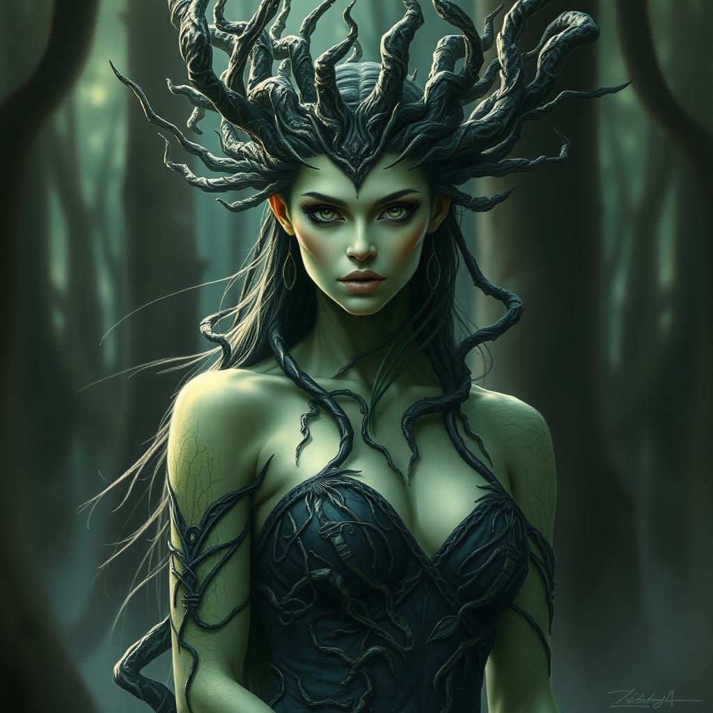 Mysterious Dryad in Dark Forest: Fantasy Concept Art