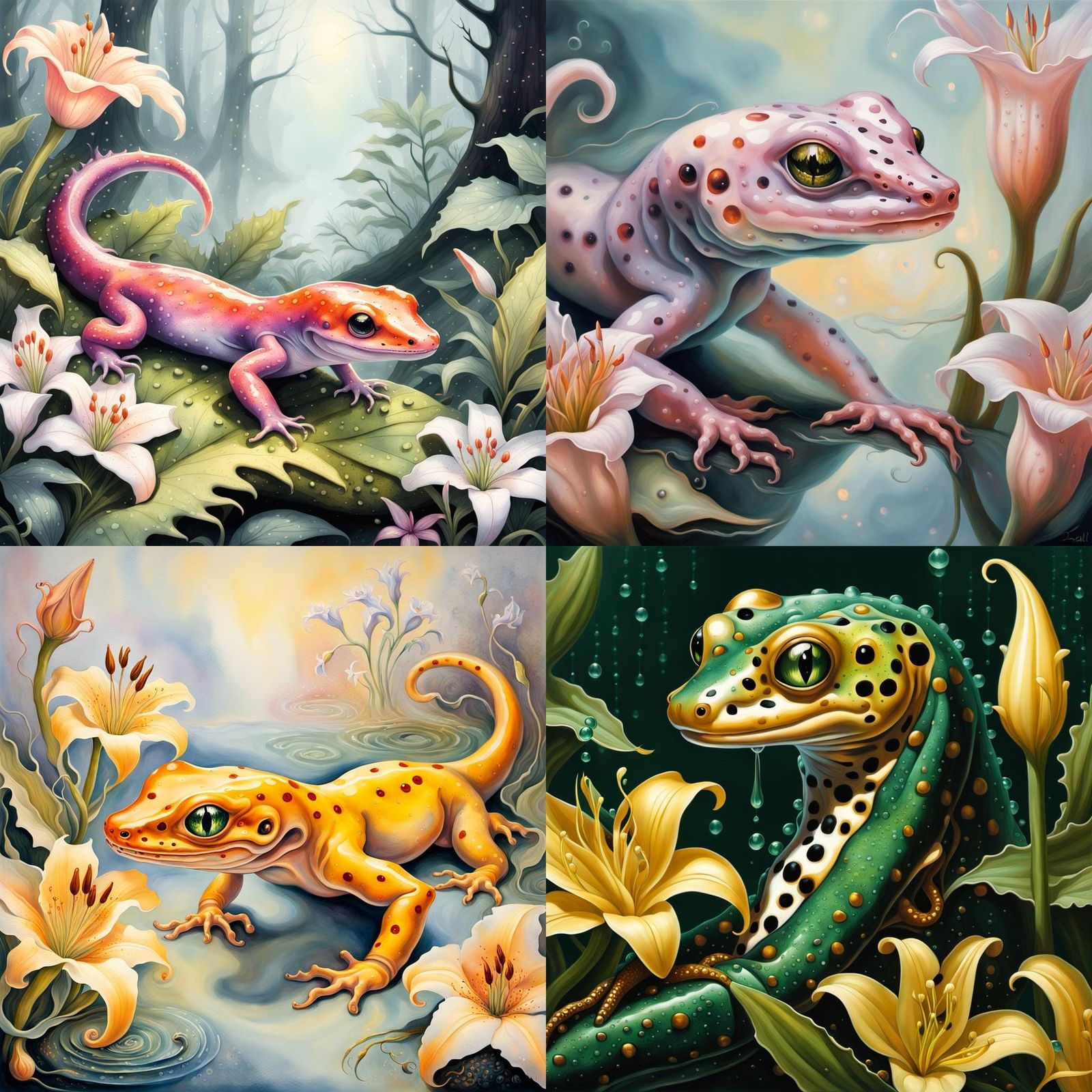 a salamander has an open, glittering maw and  each of itr sp...