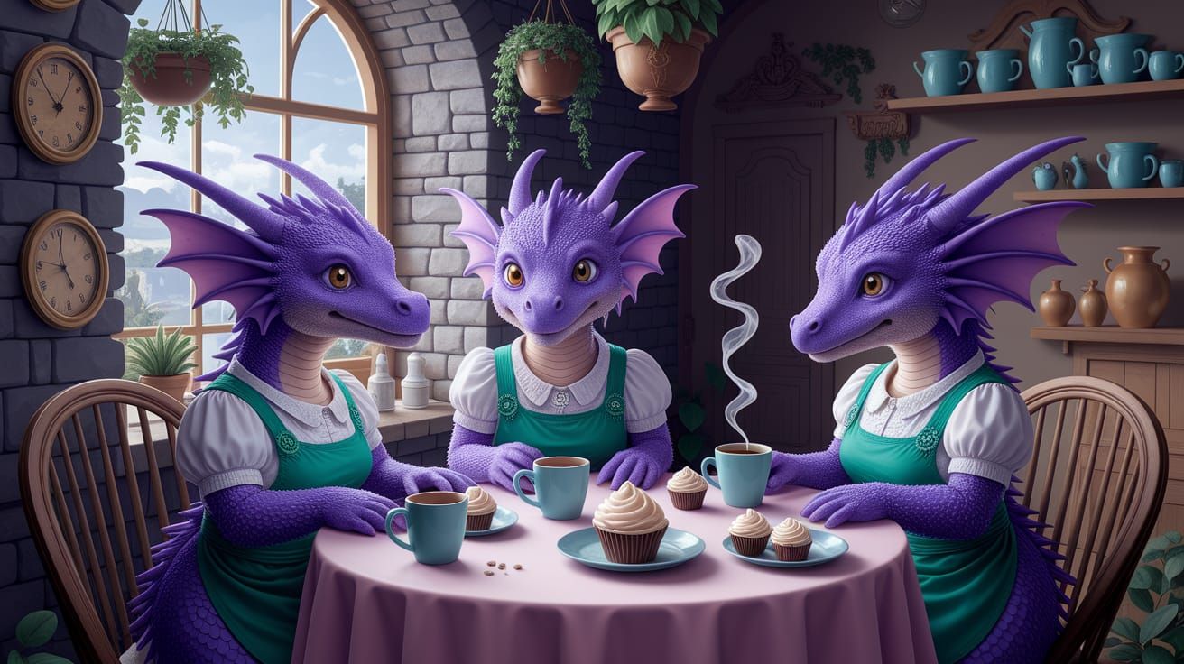 Purple Dragons as Baristas in a Magical Cafe