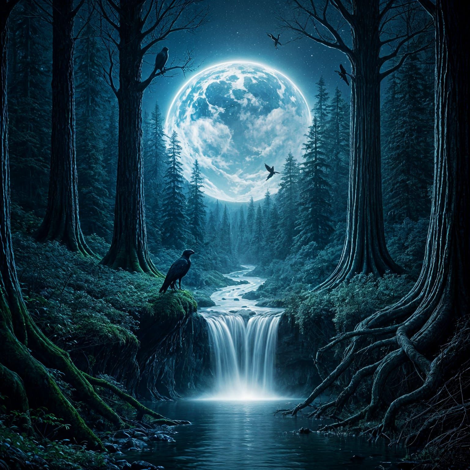 Mystical Earthlit Forest Scene at Night