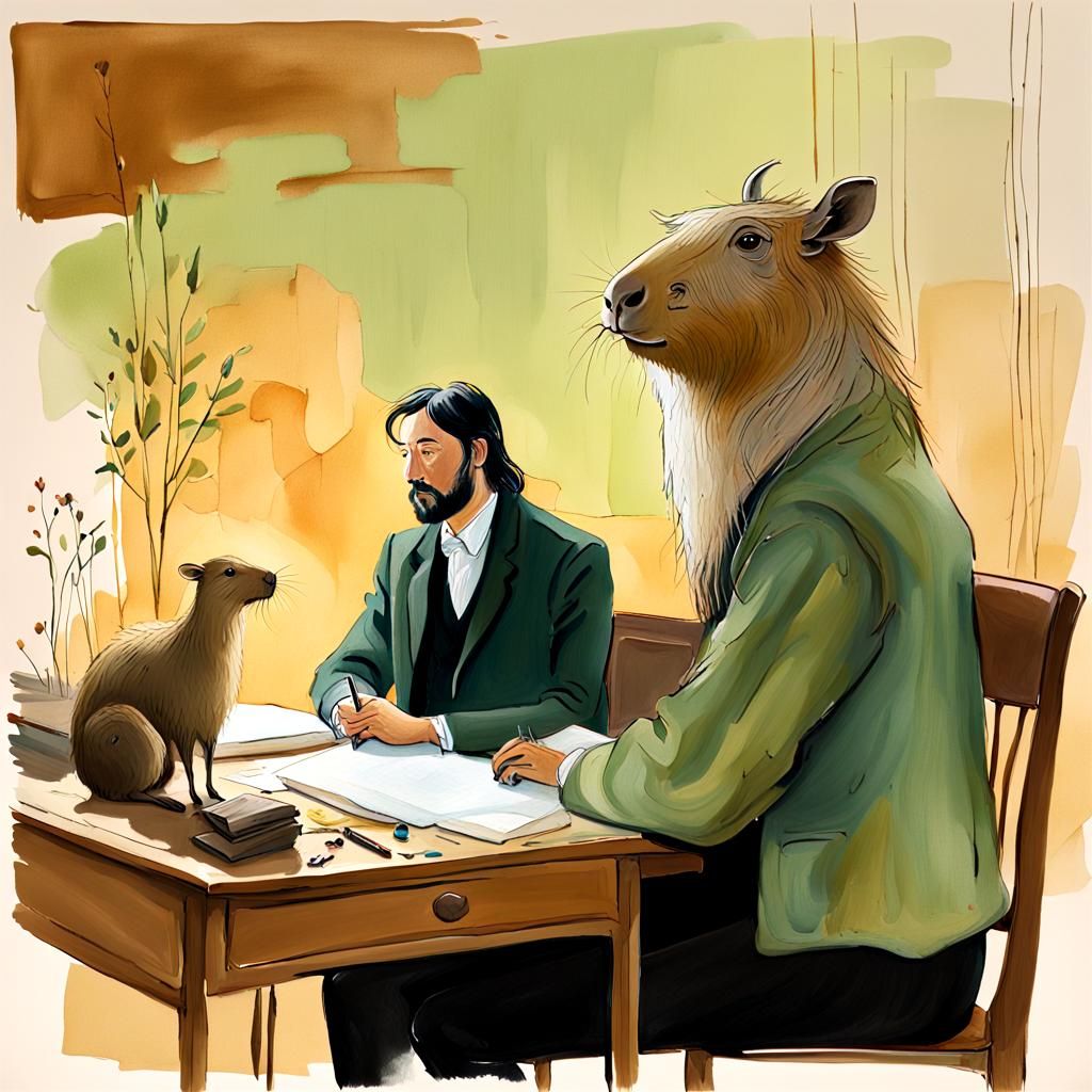 Poet, Wife, and Capybara in Impressionist Portrait
