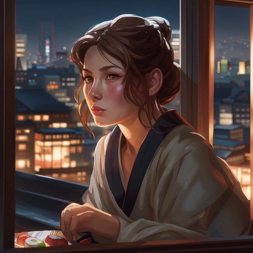 Girl Eating Sushi Overlooking Yokohama, Detailed Digital Art