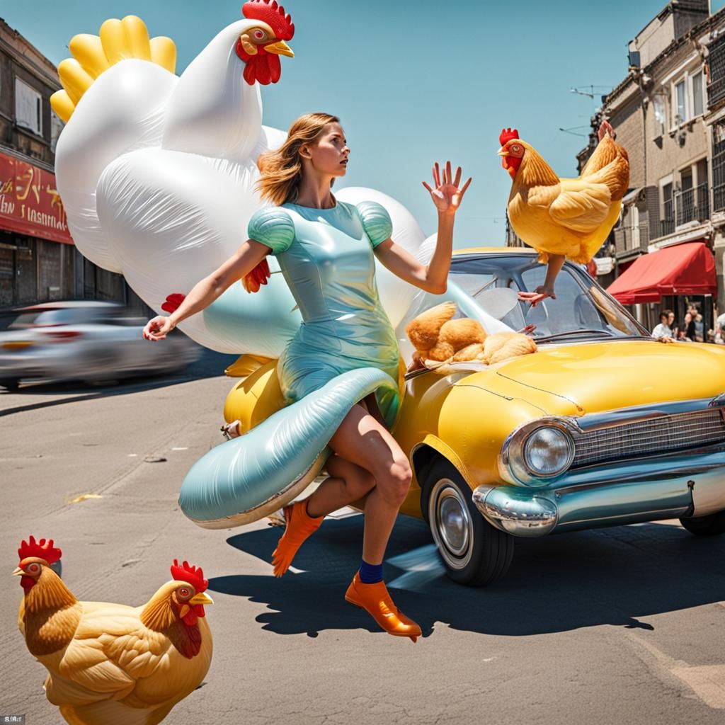 Surreal Car Crash: Woman, Dress, Chicken Driver