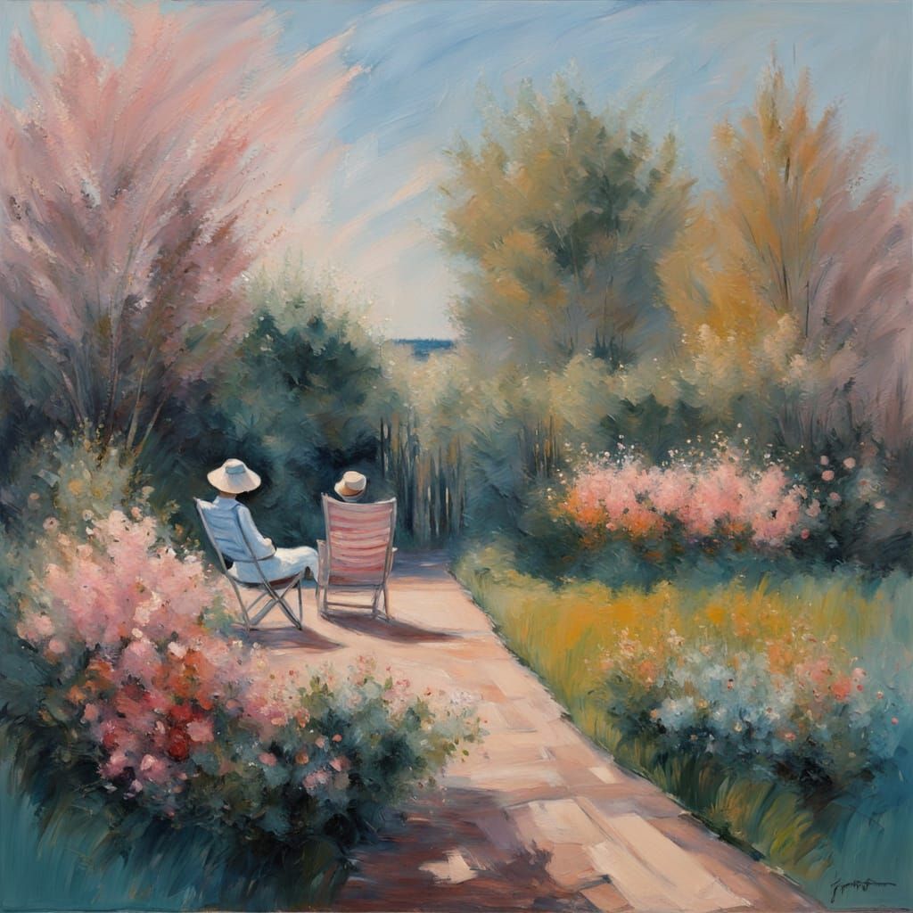 Impressionist Masterpiece of a Woman in a Garden with a Rock...