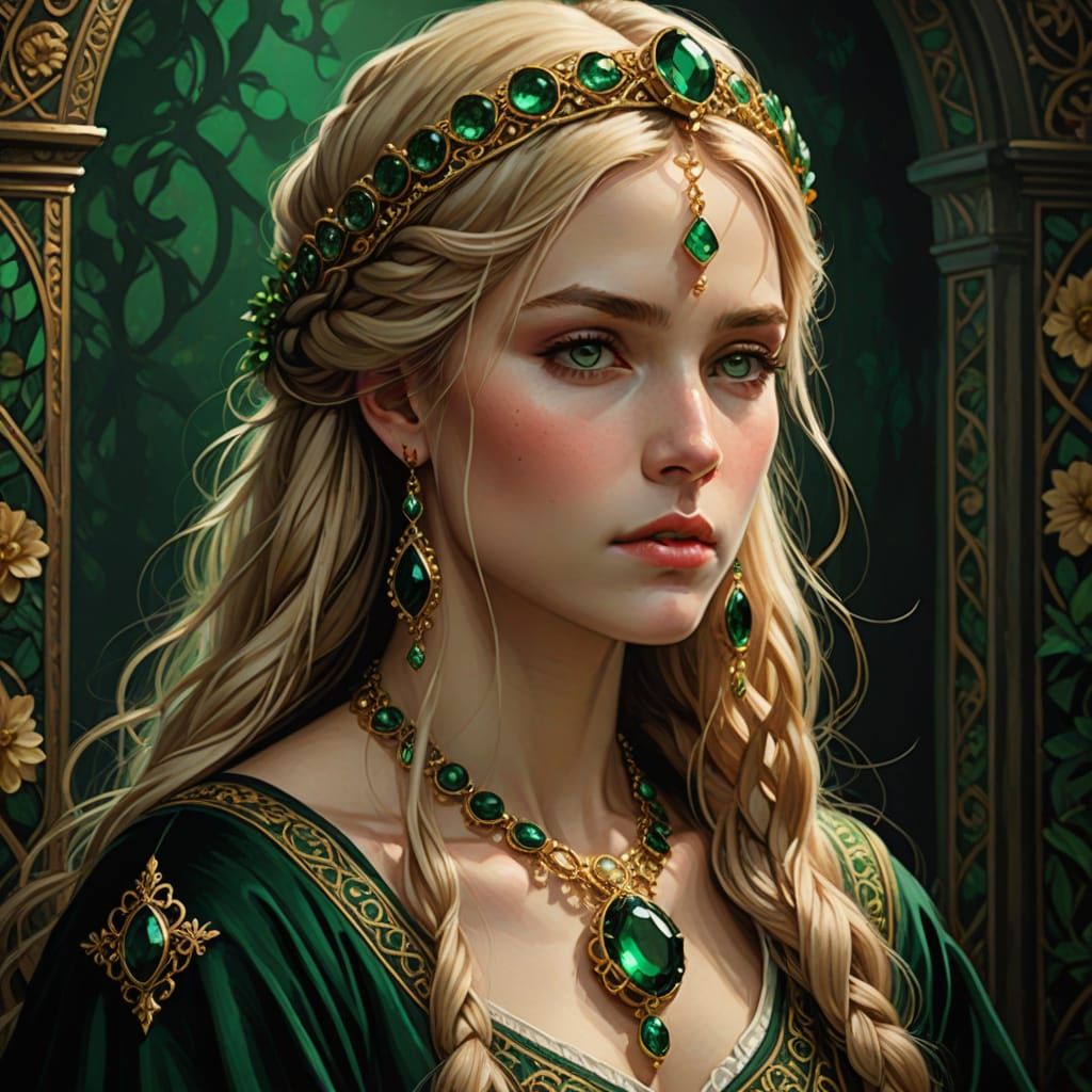 Elegant Medieval Beauty in Dark Green Hues