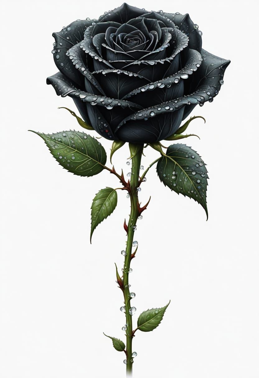Glistening Black Rose Amidst Morning Dew and Delicate Spider...