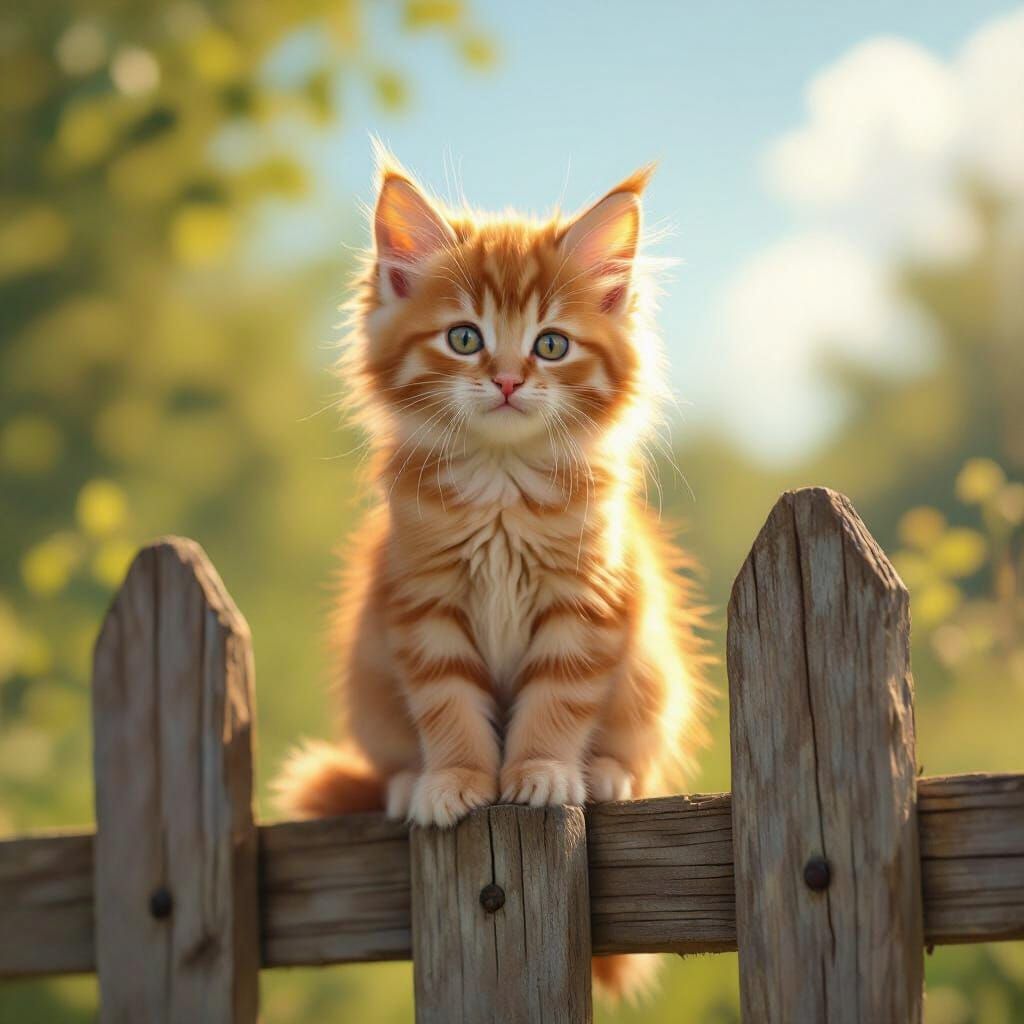 Fluffy Ginger Kitten on Fence in Golden Sunlight