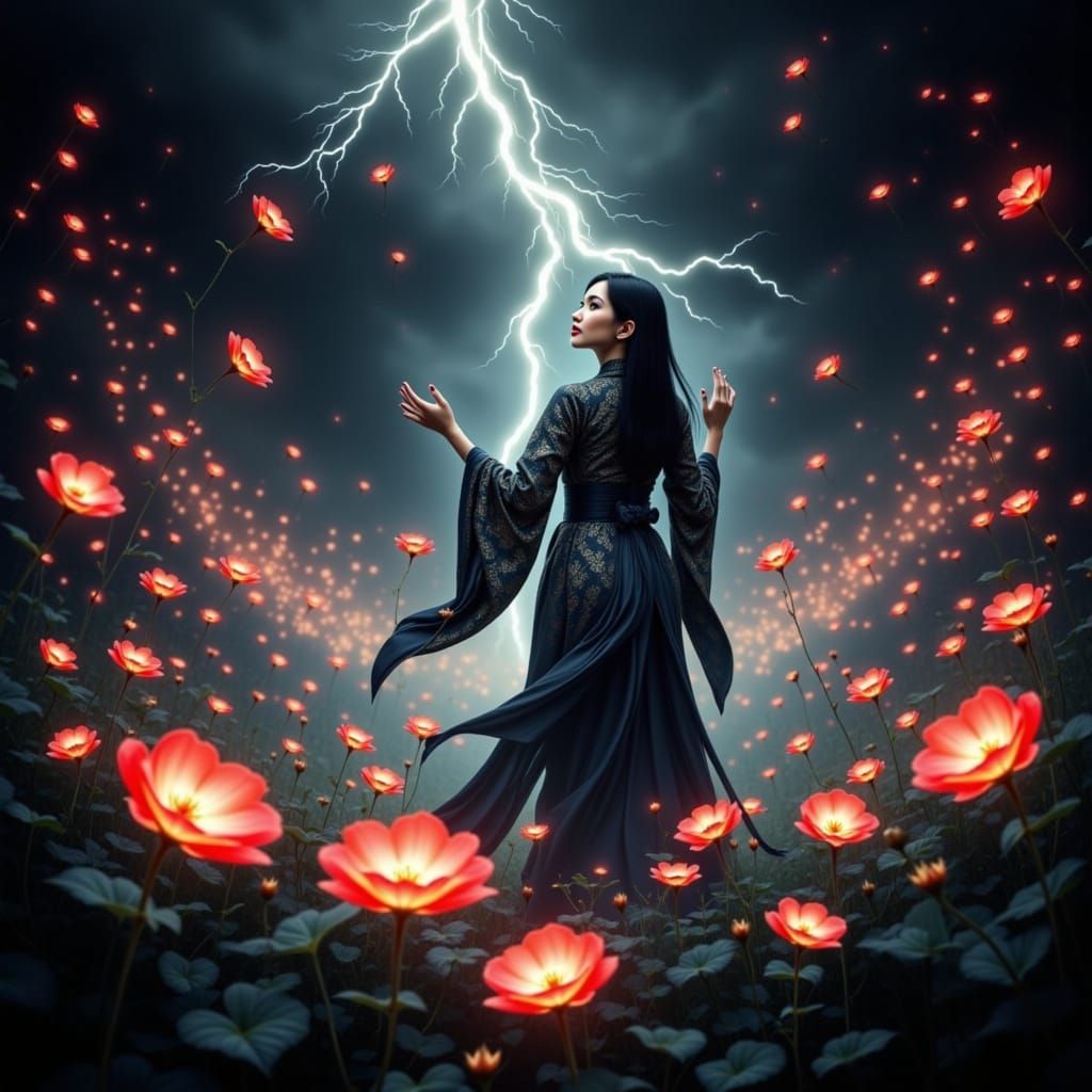 Asian Witch Summons Red Lightning Amidst Fiery Flowers