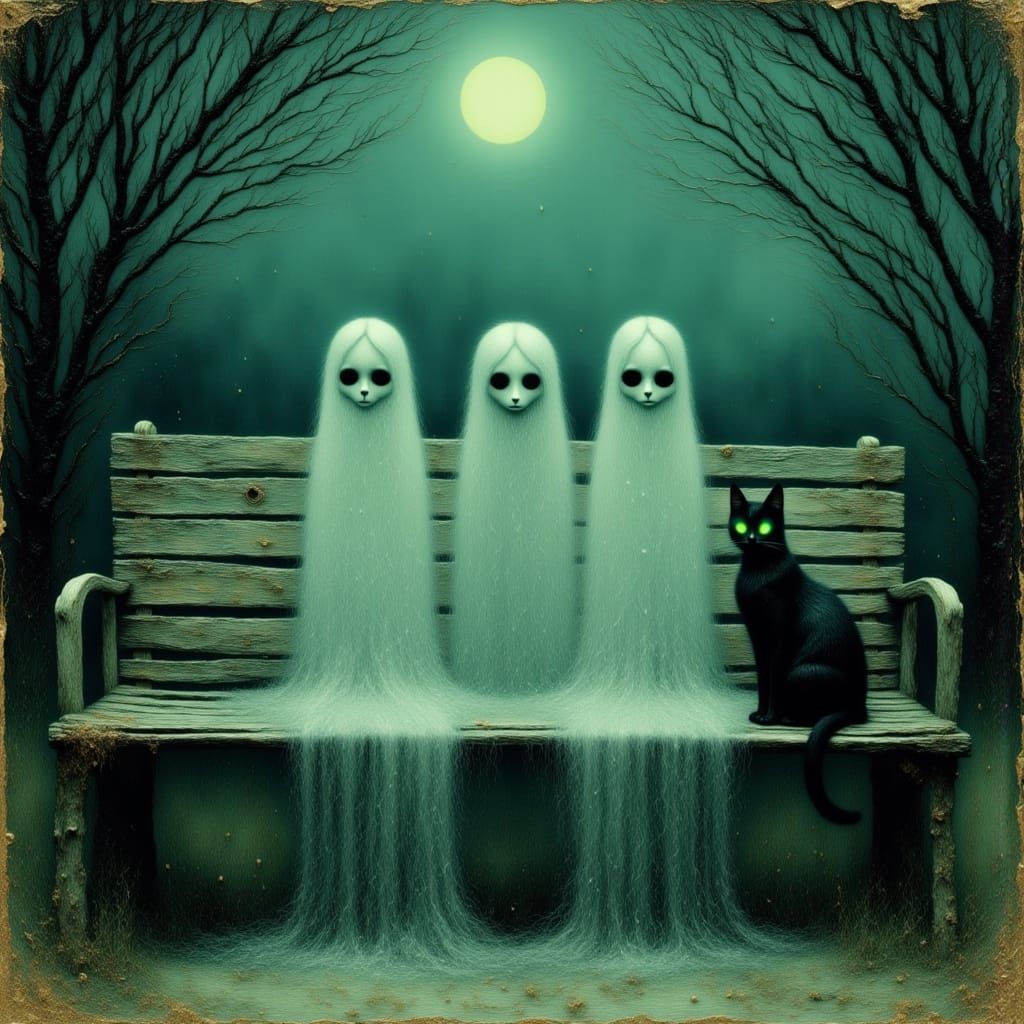 Ethereal Ghosts and Black Cat on Park Bench