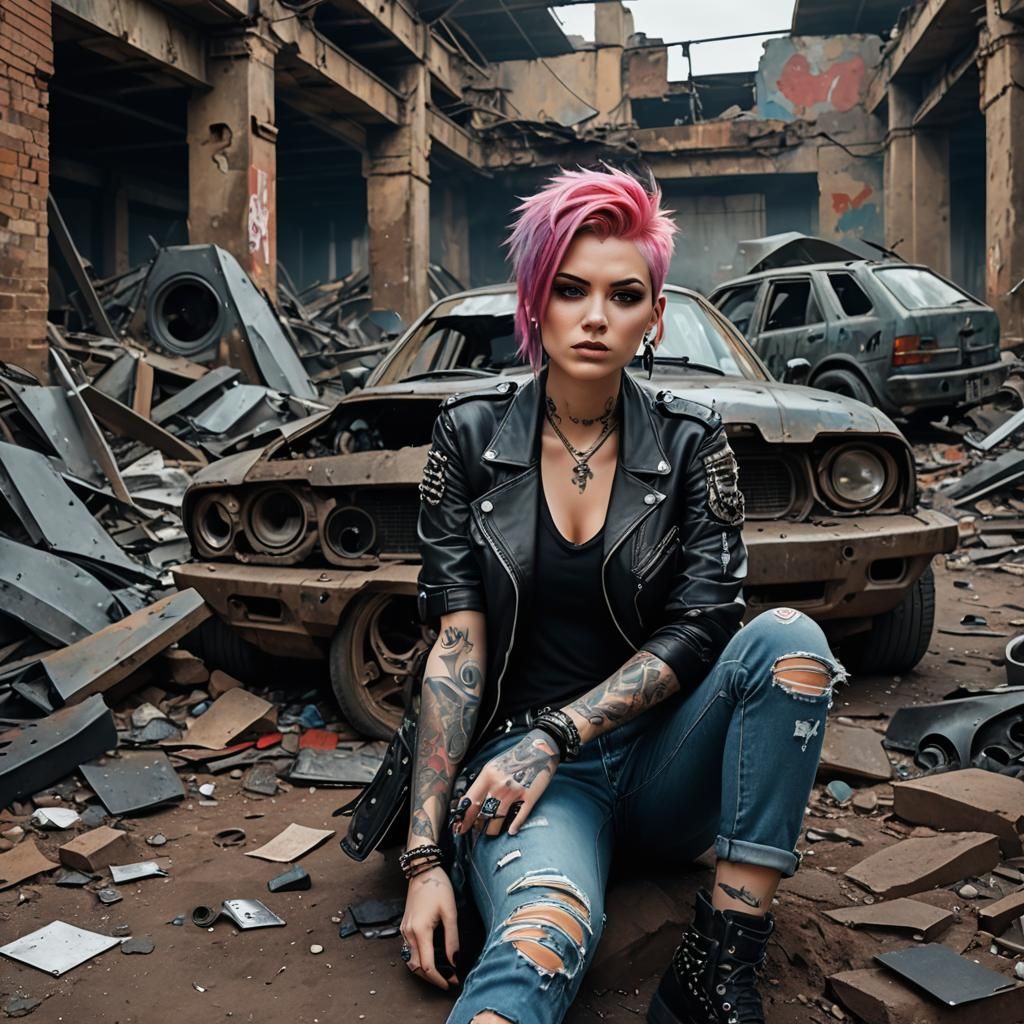 Punk Woman Survivor in Ruined Parking Lot