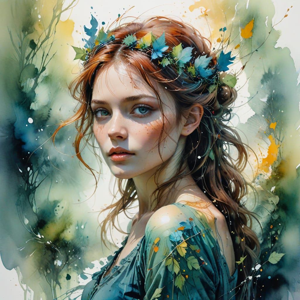 Mystical Portrait in Flowing Watercolor Ink Style