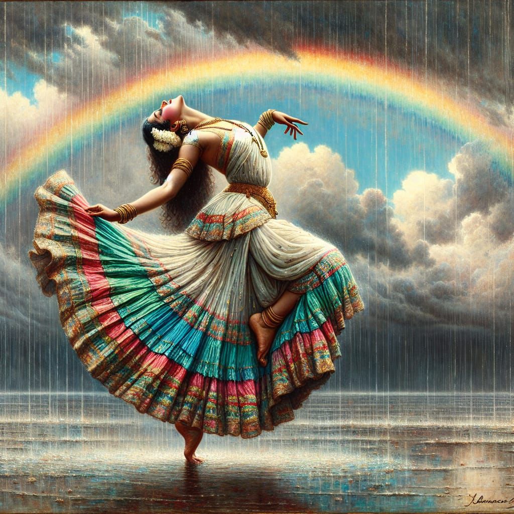 South Asian Dancer in Rainy Rainbow, Alma-Tadema Style