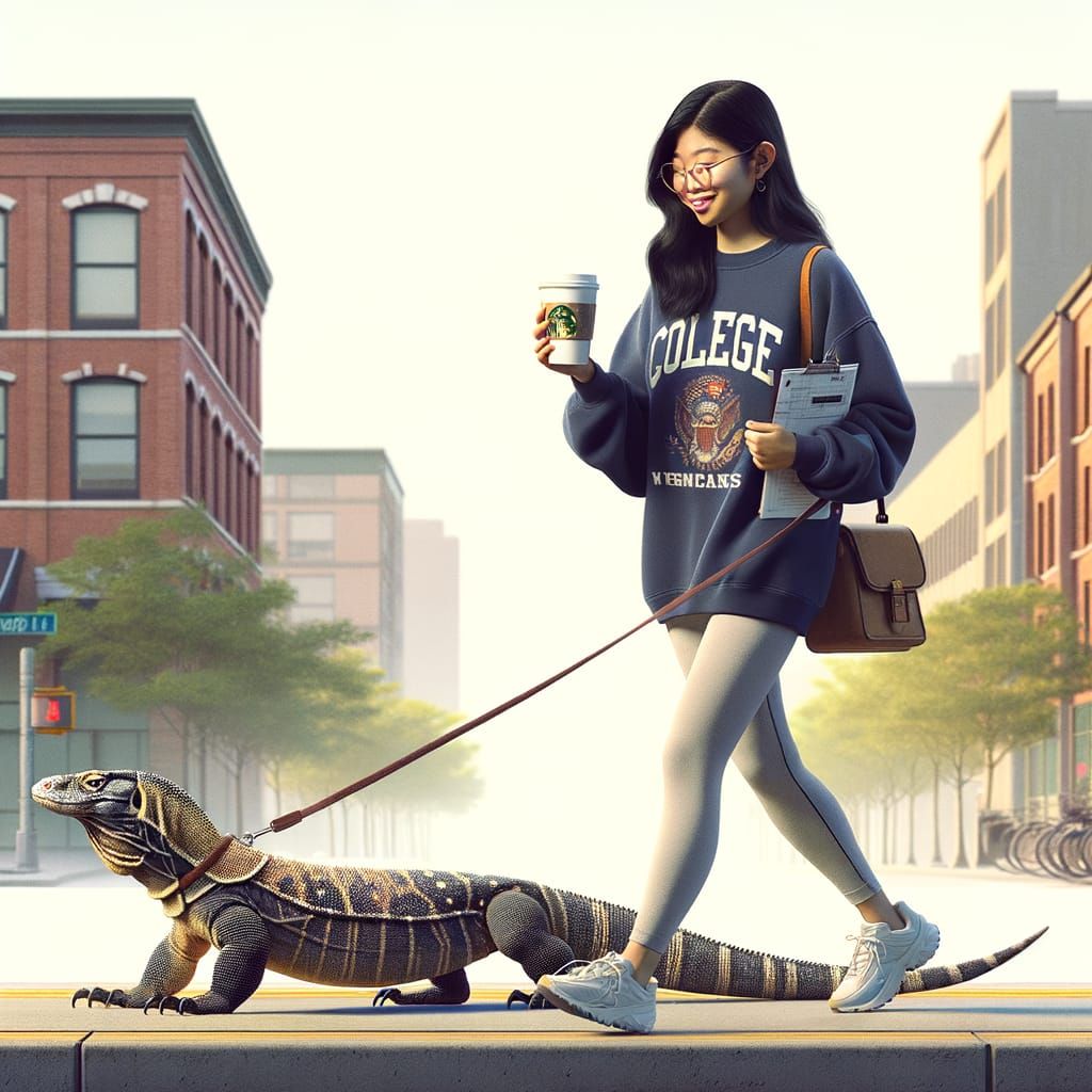 Young Woman Walks Komodo Dragon Through Urban Landscape