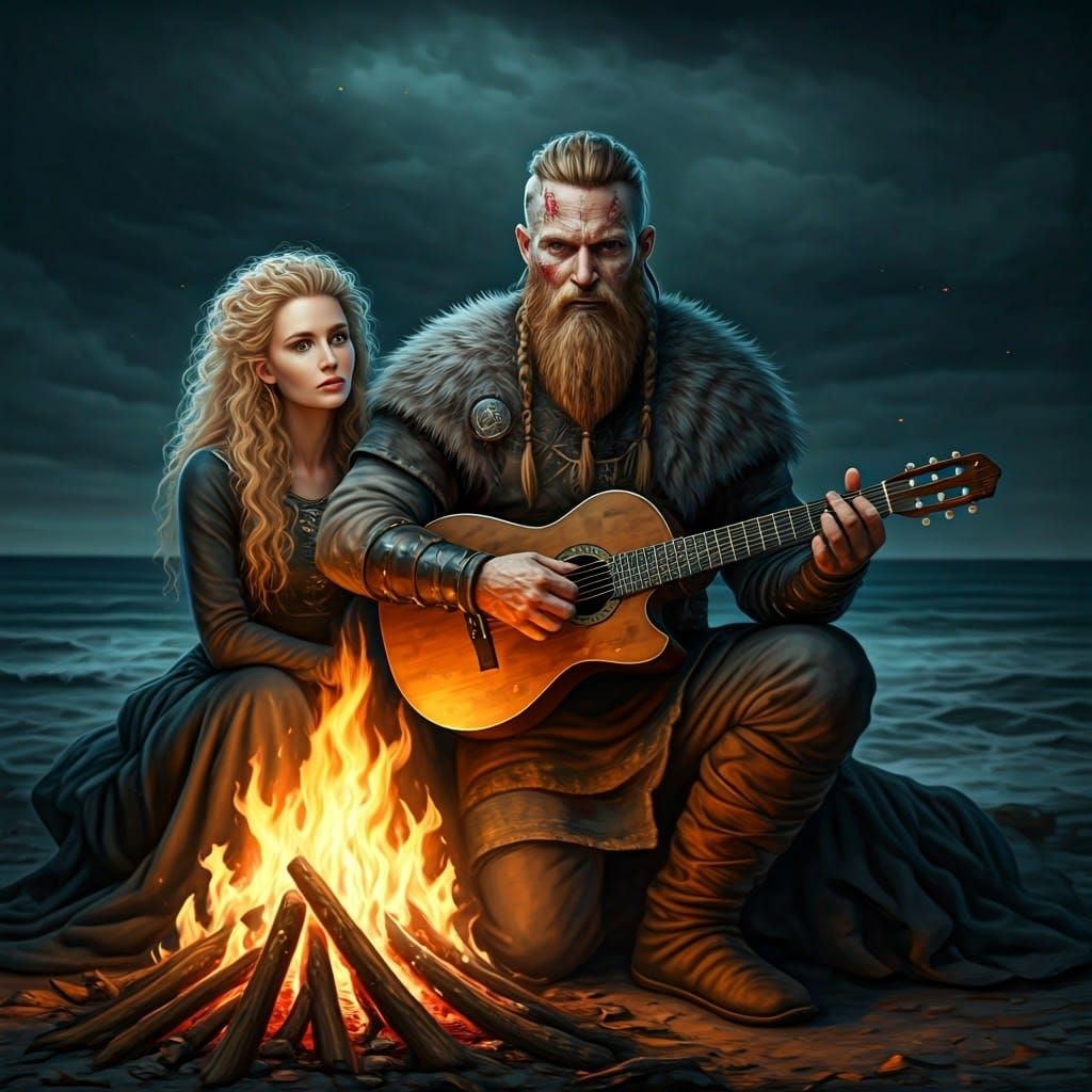 Fierce Viking Chieftain Sits by Fire on Dark Coastal Night