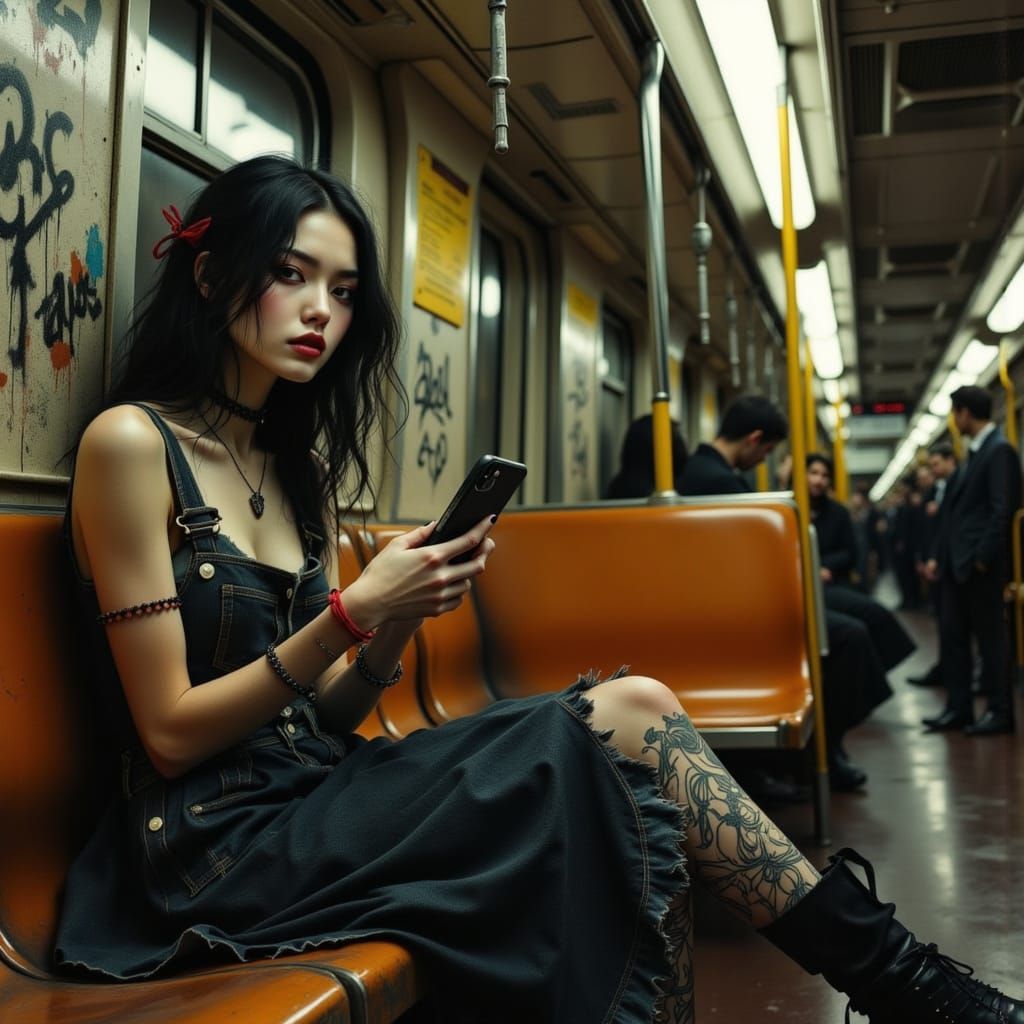 Goth Woman on Subway in Moody, Atmospheric Style