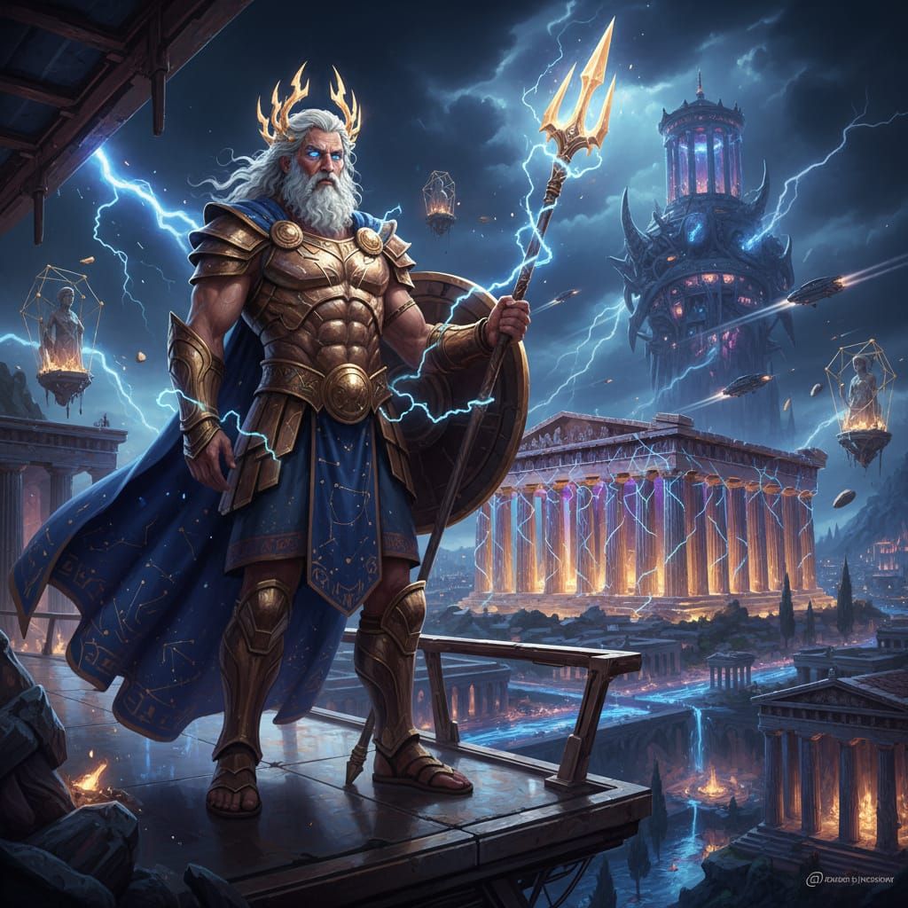Zeus on Futuristic Balcony Overlooking Ancient City