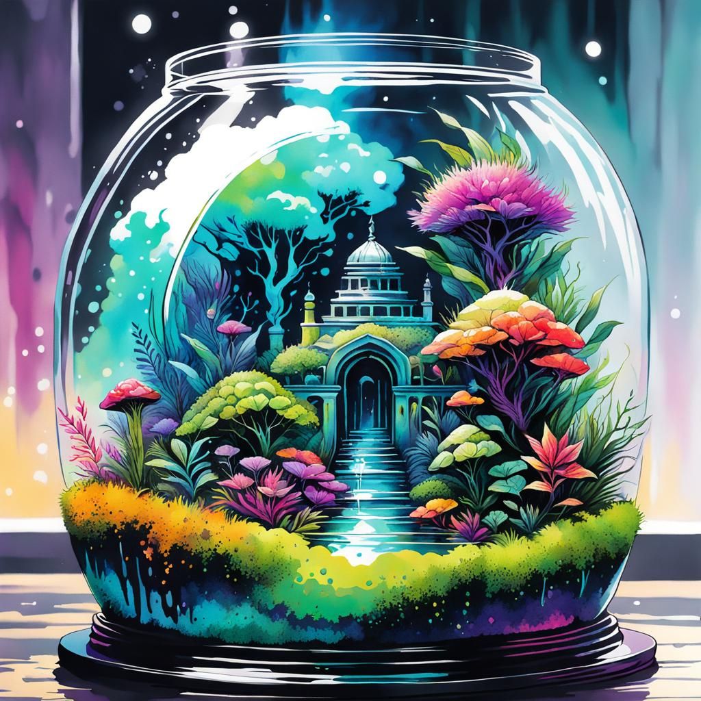 Fantasy Terrarium with Acrylic Ink and Watercolor