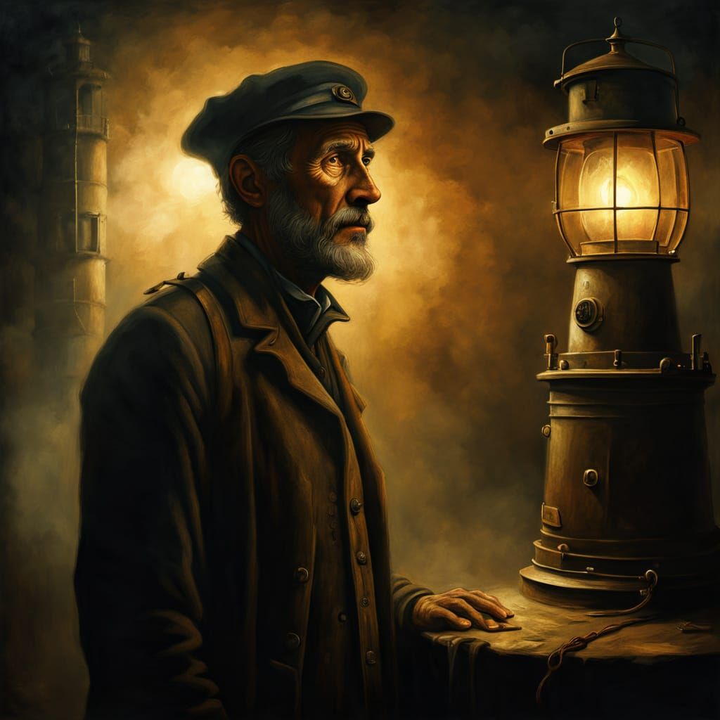 Eerie Lighthouse Keeper in Surrealist Oil Painting