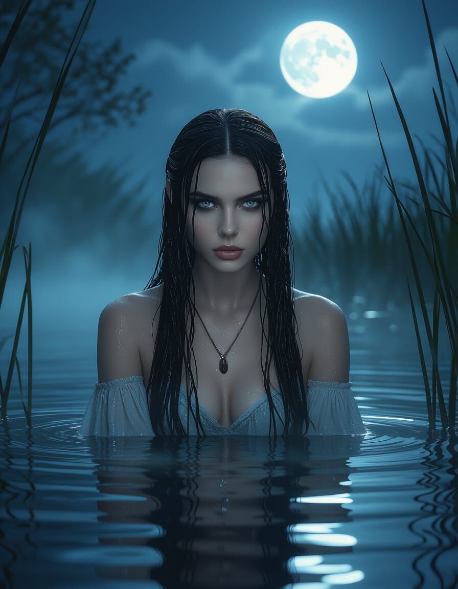 Mysterious Rusalka in Moonlit Lake