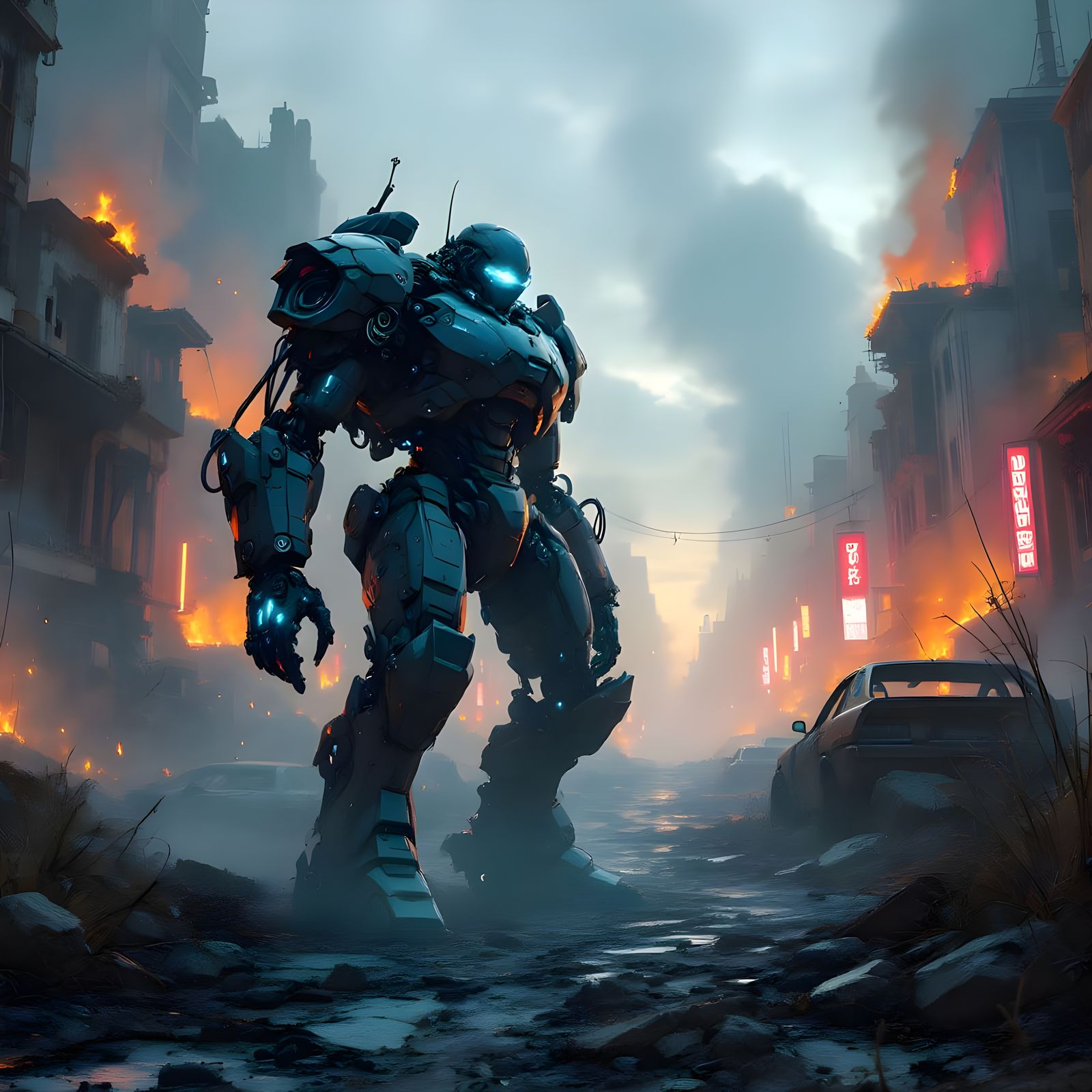 Cyberpunk Robot Explores Ruined Metropolis