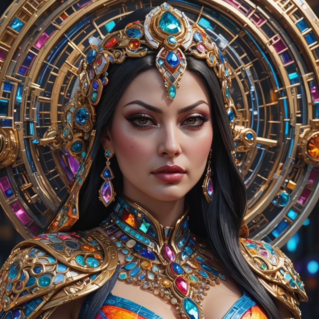 Aria Giovanni wearing intricately detailed colorful clothing and futuristic jewelry.